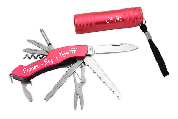 Zestaw Latarka LED Scyzoryk Czerwony z Grawerem GRATIS Prezent dla Taty 