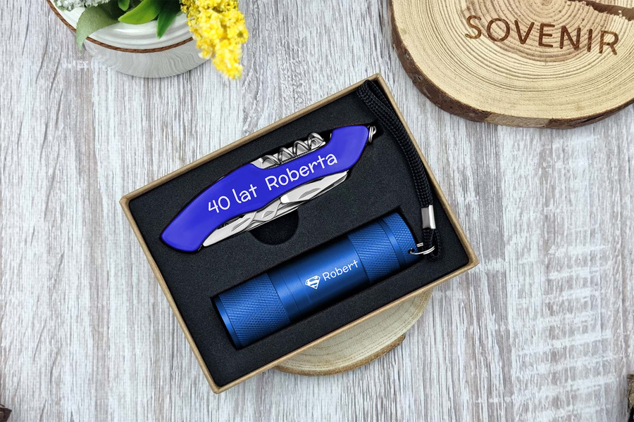 Zestaw Latarka LED Scyzoryk Niebieski z Grawerem GRATIS Prezent dla Taty 
